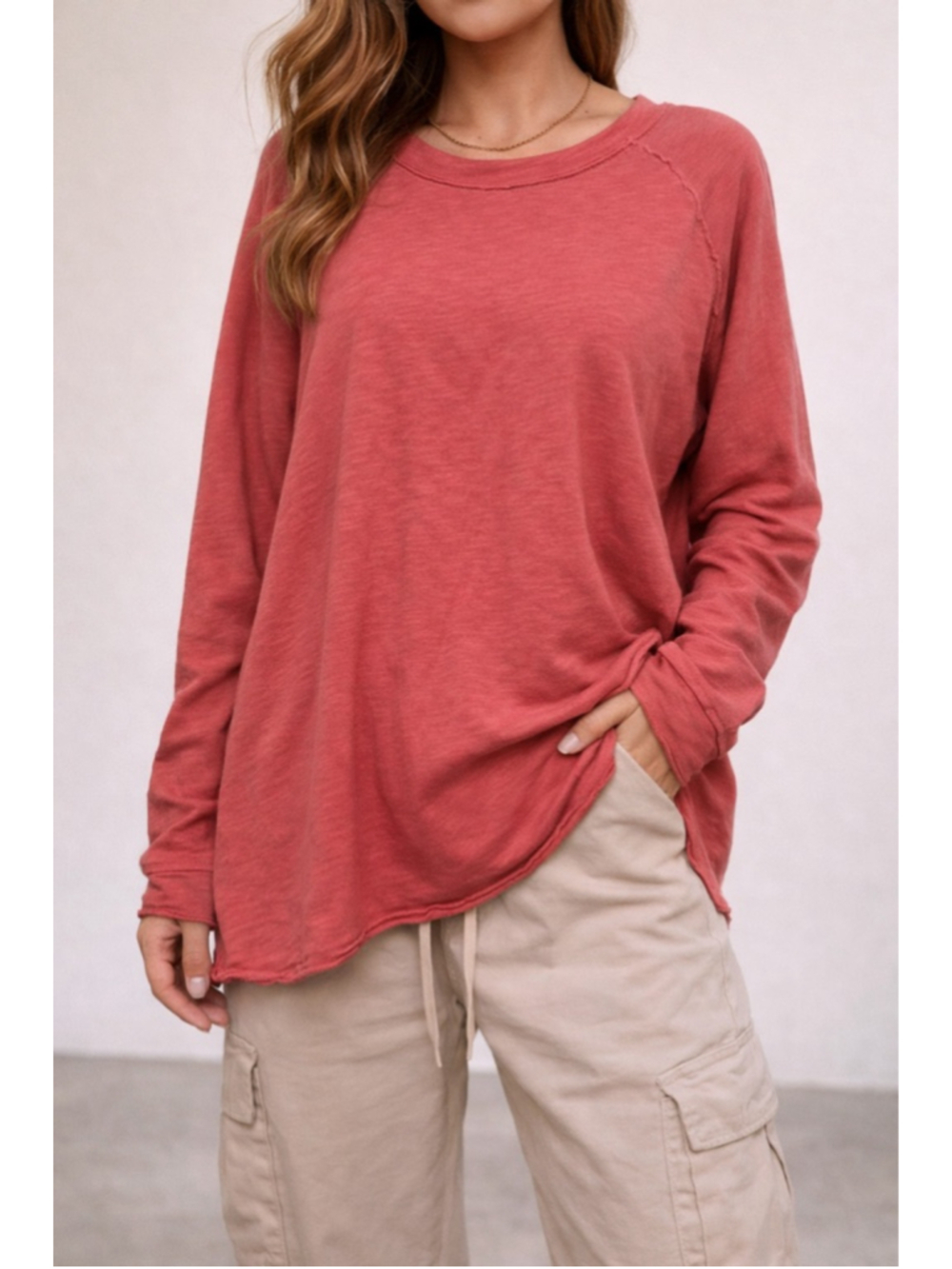 Free People We The Free Wander Tee Oversized Long Sleeve Top Small Rust